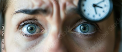 Closeup of a stressed face, clock ticking in the background, highpressure