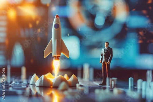 Rocketing towards success. Man bold launch ignites startup company path to innovation and achievement in the business world. Embarking on a journey of growth, strategy, and modern entrepreneurship 