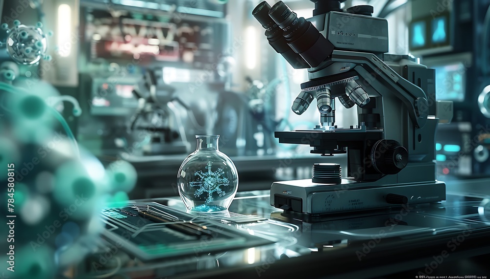 Fototapeta premium Explore a cutting-edge lab merging technology and biology with futuristic microscopy software amidst bioengineering equipment