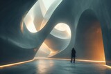 A lone figure stands in awe within an illuminated, surreal geometric structure, evoking a sense of discovery and isolation