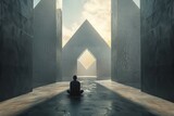 A serene meditator faces symmetrical geometric shapes, bathed in diffused daylight, symbolizing clarity and inner alignment