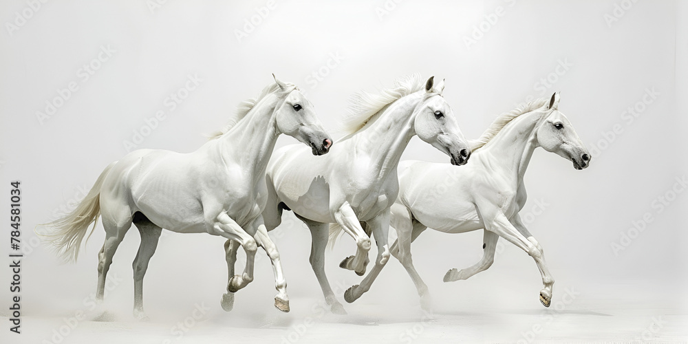 White Arabian horses sprinting on a white background