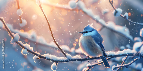 Blue Jay in Winter Wonderland Snow Covered Branch