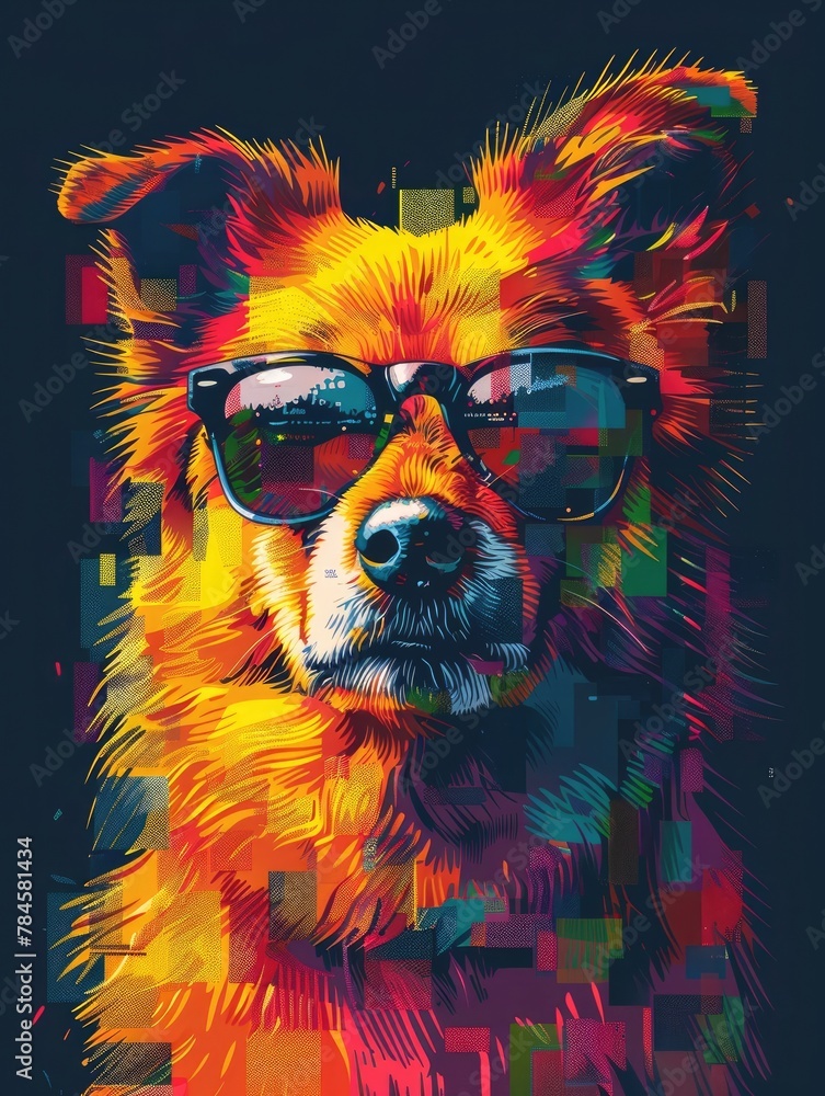 Vibrant Generated Digital Art of Colorful Animal in Stylish Sunglasses Against Futuristic Pixel Data Background