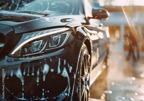 Sparkling clean: close-up of the front of a black car, highlighting the detailed headlights and soapy water, captured in the light photo