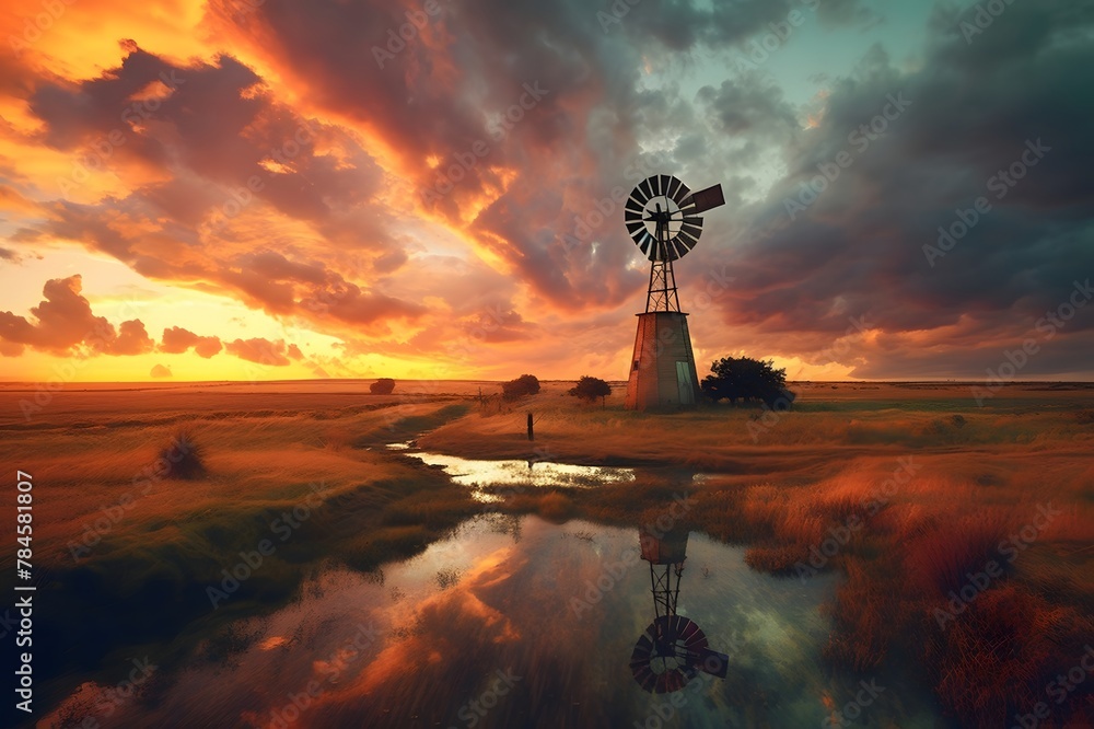 Windmill at sunset and cloudy sky Windmill at sunset and cloudy sky