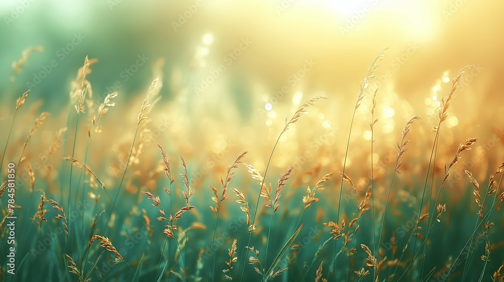 Dreamy Sunset Over Grassland, Warm Golden Hues, Pastoral Serenity