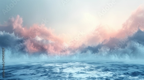 Misty Ocean and Clouds, Serene Blue and Pink Skies, Peaceful Seascape