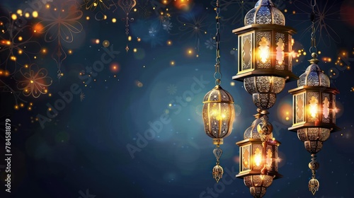 Ramadan Kareem with golden crescent moon, golden lantern, islamic decorative elements template