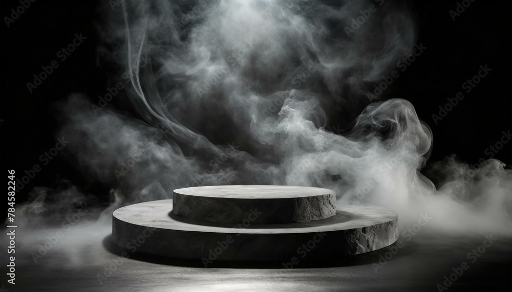 an empty podium a backdrop of swirling black smoke with a product platform abstract stage texture fog and spotlight, smoke from a cigarette