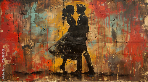 Wallpaper Mural In the heart of the metropolis, a graffiti stencil captures the allure of love through a vintage couple's tender embrace, infusing the urban landscape with a sense of romance-1 Torontodigital.ca