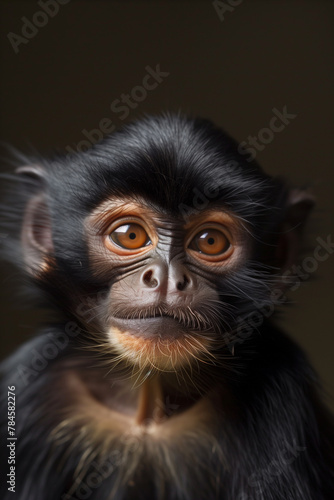 portrait of a black monkey with a serious face. Chimpanzees on a dark background © MariКа