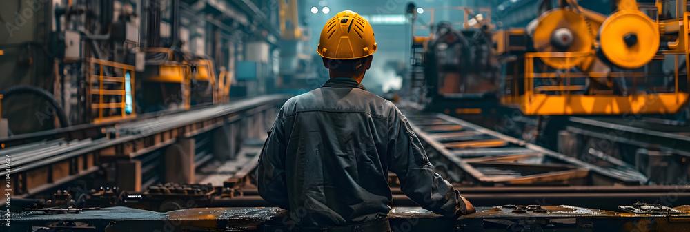 A skilled repairman wearing a yellow helmet works in an industrial factory, ensuring safety and overseeing production. A skilled repairman wearing a yellow helmet works in an industrial factory, ensuring safety and overseeing production.