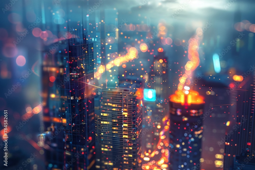 A blurred view of a city at night, with bright lights and tall buildings creating a dynamic urban scene A blurred view of a city at night, with bright lights and tall buildings creating a dynamic urban scene