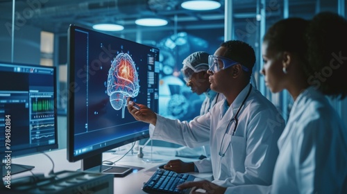 Two Neuroscientists Working With Computer - Powered VFX Hologram Of Human Brain And Nervous System In Modern Laboratory. Multiethnic Man And Woman Working On Technological Solutions for Brain Tumor