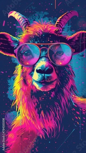 Vibrant Goat in Sunglasses amid Cosmic Pixel Art Explosion of Data and Technology