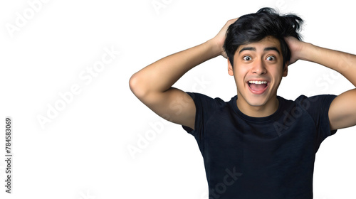 Shocked and amazed young man screaming from happiness, looking at camera with open mouth, wow surprised face expression, isolated on transparent background. Excited guy