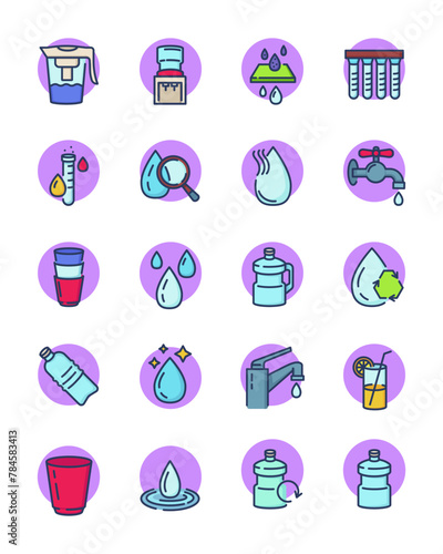 Clean water line icons set. Filter, plastic bottles, tap, glass, dispenser, rain drops, office cooler, cleaner, aqua. Thin icon collection for fresh water for drink, water purifying topics
