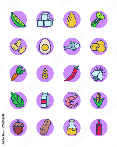 Food allergens line icon set. Soybean, nut, spicy, celery, line, almond, corn, milk, mustard, sugar, mollusk, wheat. Vector icons can be used for GMO products, gluten intolerance, allergy concept