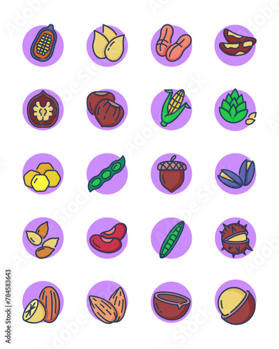 Nuts and seeds thin line icons set. Outline acorn, almond, macadamia, chickpea and nutmeg vector illustration collection. Nature and healthy food concept
