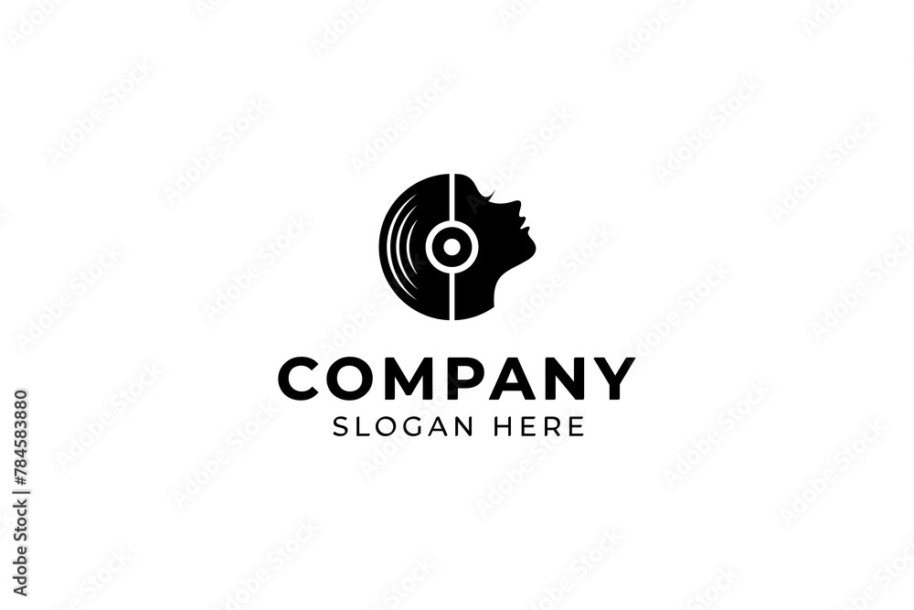 people face logo with combination vinyl record cassette in silhouette style flat template vector design people face logo with combination vinyl record cassette in silhouette style flat template vector design
