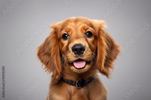 Cocker spaniel puppy sits on a gray background.