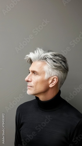 Mature Handsome Man with Striking Silver Hair Posing in Studio