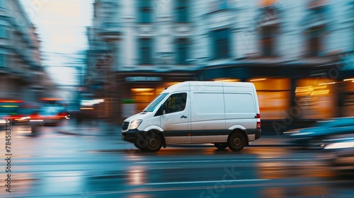 White delivery van side view on blur city street background, moving minivan in urgent fast motion, concept of logistics, food merchandise commercial delivery or post service, banner with copy space