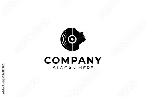 people face logo with combination vinyl record cassette in silhouette style flat template vector design