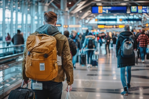 Travelers bustling in the terminal, carrying luggage and holding boarding passes 