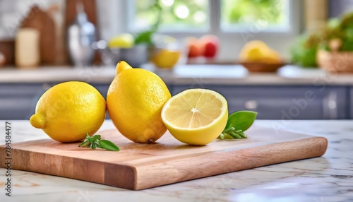 A selection of fresh fruit  lemons  sitting on a chopping board against blurred kitchen background  copy space 