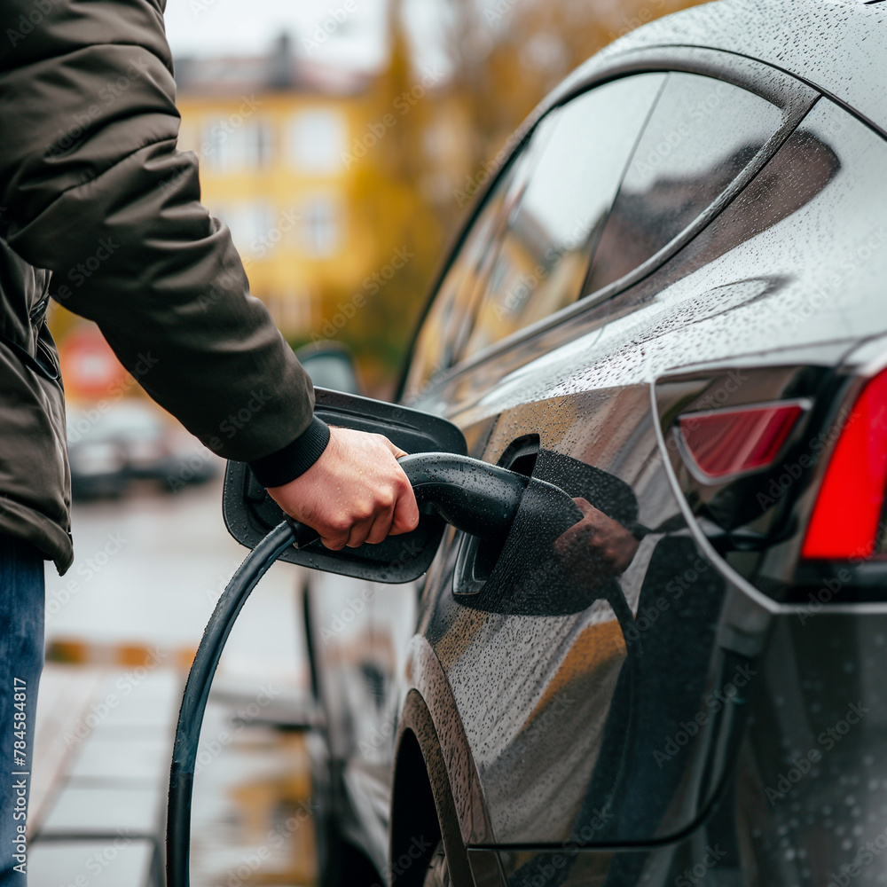 Driver of the electric car inserts the electrical connector to charge the batteries, man plugging in cable while charging electric car Driver of the electric car inserts the electrical connector to charge the batteries, man plugging in cable while charging electric car
