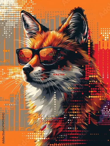 Stylized Digital Fox in Sunglasses against Vibrant Pixel Art Technology Background