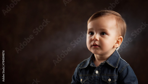 A baby boy  is looking off to the side, wearing  a denim shirt 
