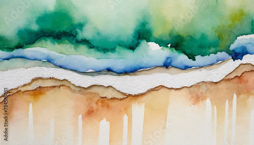 A watercolor painting of a beach with a green and blue sky