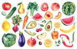 A set of vegetables and fruits. Watercolor illustration. Lemon, cherry, watermelon, apple, pear, cabbage, eggplant, carrot, onion, pepper, beetroot, peas, broccoli, avocado, peach, cucumber, tomato.