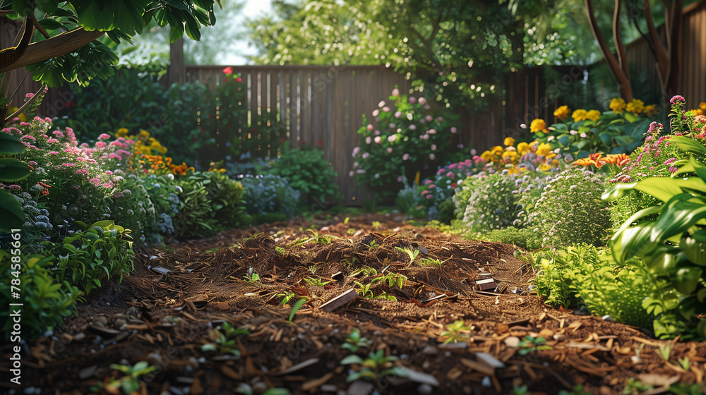 Mulching the garden with pine bark. Natural Fertilizer in horticulture. Mulching the garden with pine bark. Natural Fertilizer in horticulture.
