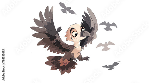 a Vultures circling above, complete with a cute,The scene is set against a pure white background, emphasizing the character dynamic pose and the delightful expression of determination on its face,chib photo
