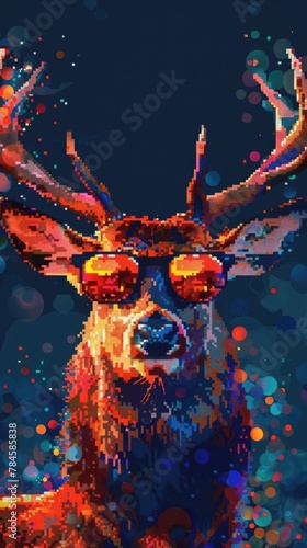 Glitched Deer Stag in Vibrant Pixel Art Psychedelic Tech Landscape