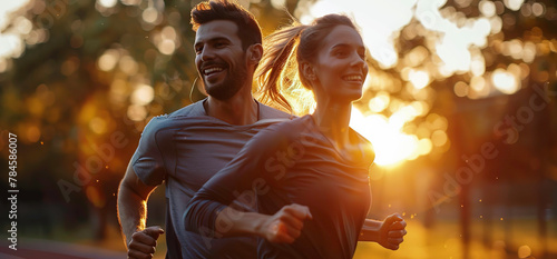 Happy man and woman jogging in the park at sunset