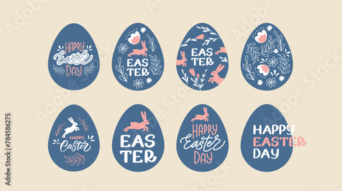 Easter lettering set with eggs. Trendy modern design with typography in pastel colors. Easter eggs collection for banner, cards, posters, holiday covers, postcard, card, web site. Flat vector (ID: 784586275)
