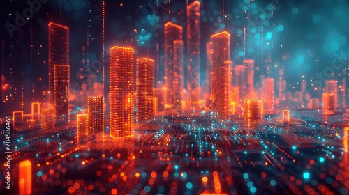 Futuristic Glowing Cityscape with Pixelized Technology Data Visualization