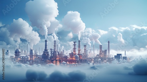Minimalist illustration of toxic gases from factories  paper-cut style  realistic 3D render  super blurred industrial background 