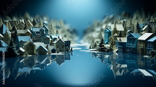 Minimalist paper-cut style flood scene in an urban area, highlighting climate change, super blurred background,