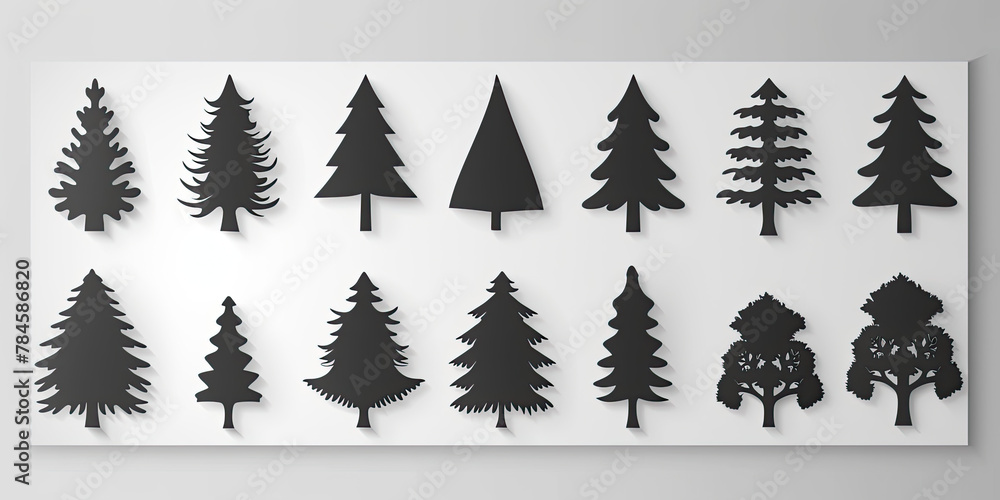 Obraz premium Tree cut out white background, multiple trees shapes patterns graphic resource nature woodland, generated ai