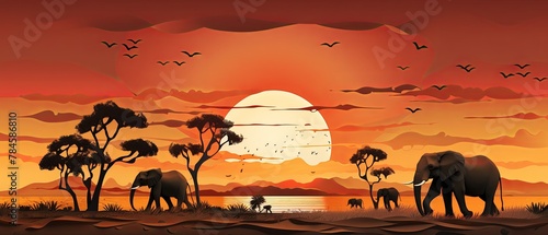 Paper-cut illustration of elephants crossing a dusty savanna at sunset, 3D-rendered minimalist style,