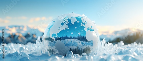 Paper-cut style 3D globe with shrinking ice caps, minimalist environmental warning, super blurred background, © FoxGrafy