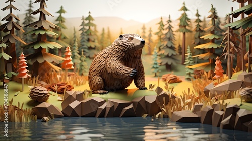 Paper-cut style 3D render of a beaver by a woodland stream, minimalist forest background, photo