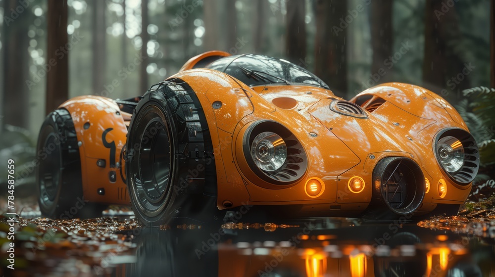 Futuristic orange vehicle parked with headlamps on in the forest