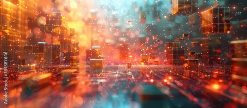 Mesmerizing Data Visualization Cityscape with Glowing Pixel Structures and Dynamic Abstract Patterns